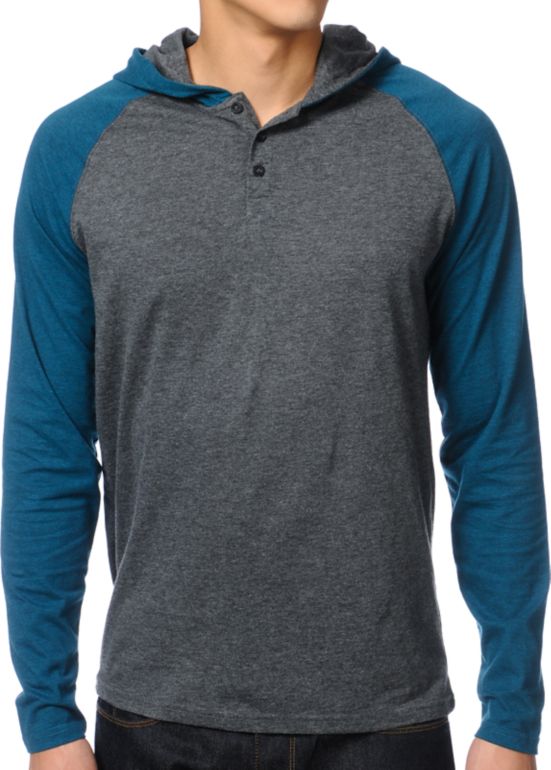 Dravus Defense Grey & Turquoise Hooded Henley Shirt