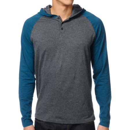 Dravus Defense Grey & Turquoise Hooded Henley Shirt