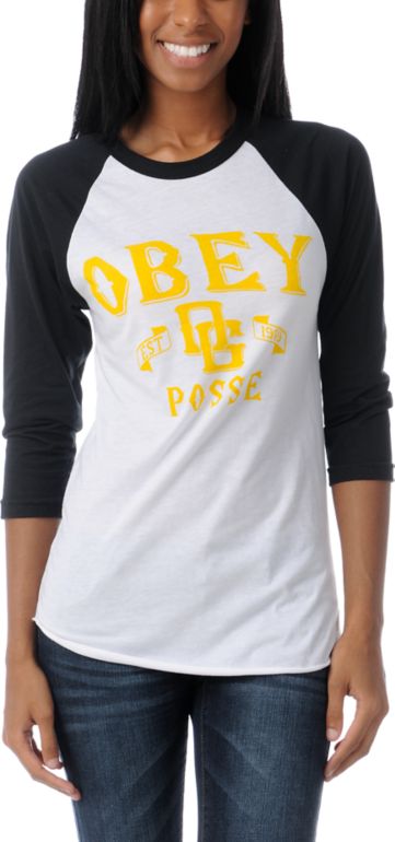 Obey Girls Sand Lot Black Baseball Tee Shirt