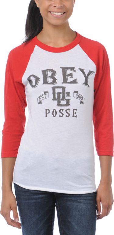 Obey Girls Sand Lot White & Red Baseball Tee Shirt