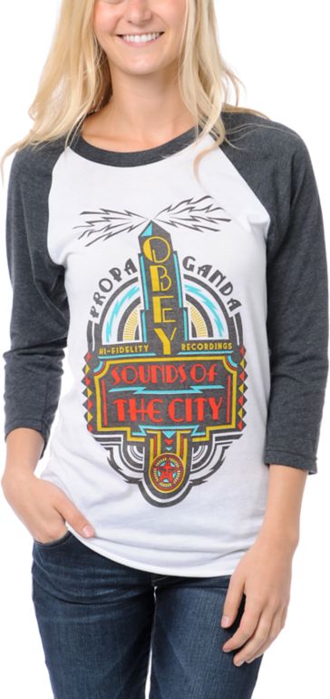 Obey Girls Deco Records White Baseball Tee Shirt