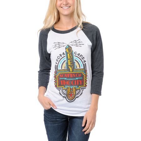 Obey Girls Deco Records White Baseball Tee Shirt