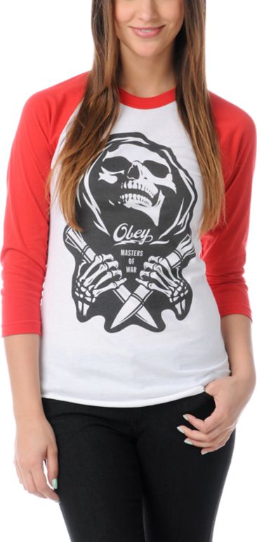 Obey Girls Masters Of War Red Baseball Tee Shirt