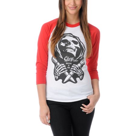 Obey Girls Masters Of War Red Baseball Tee Shirt