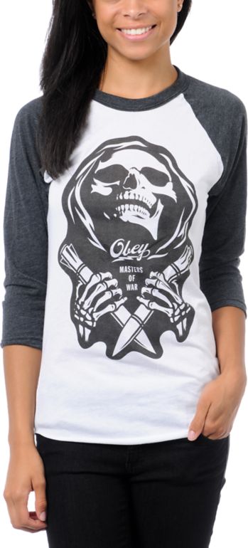 Obey Girls Masters of War White & Charcoal Baseball Tee Shirt