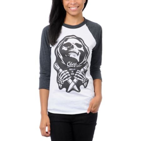 Obey Girls Masters of War White & Charcoal Baseball Tee Shirt