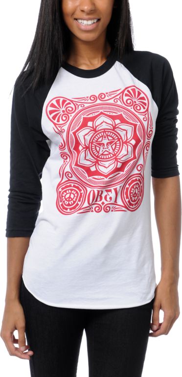 Obey Girls Peace Poster White & Black Baseball Tee Shirt