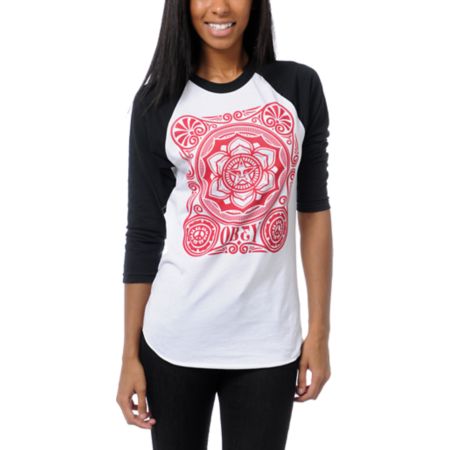 Obey Girls Peace Poster White & Black Baseball Tee Shirt 
