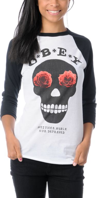 Obey Girls Sinner White & Black Baseball Tee Shirt