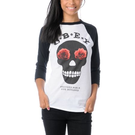 Obey Girls Sinner White & Black Baseball Tee Shirt 