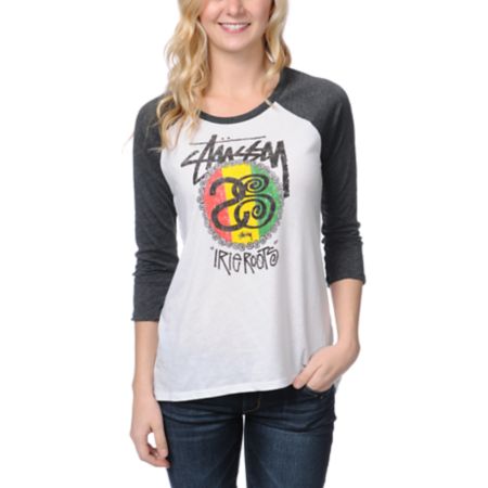 Stussy Girls Rasta Roots White Baseball Tee Shirt