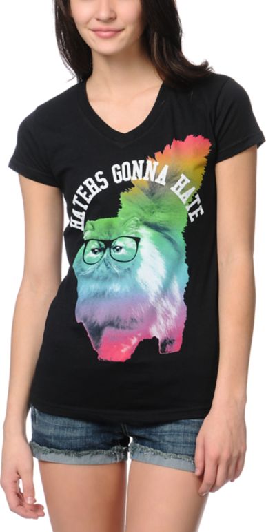 A-Lab Girls Rainbow Cat Black V-Neck Tee Shirt
