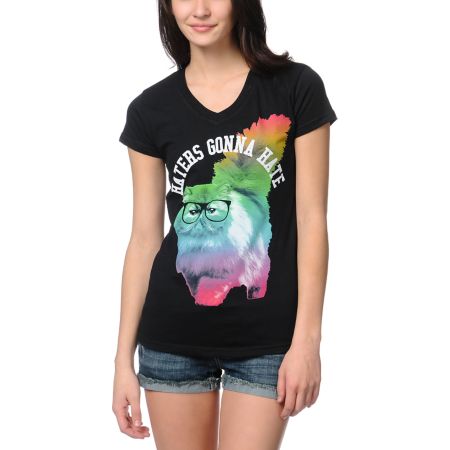 A-Lab Girls Rainbow Cat Black V-Neck Tee Shirt