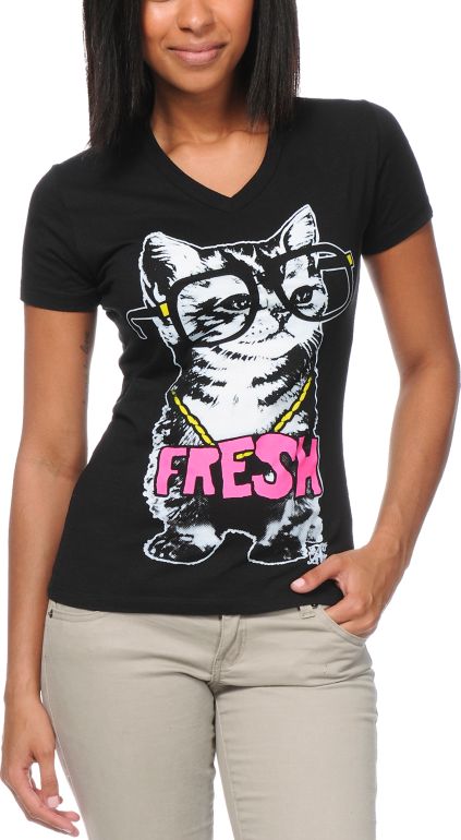 A-Lab Girls Cat Fresh Glow In the Dark Black V Neck Tee Shirt