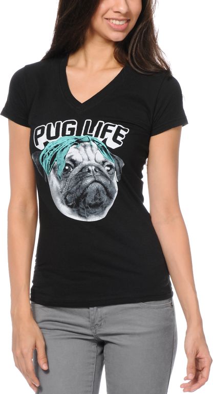 A-Lab Girls Pug Life Black V-Neck Tee Shirt
