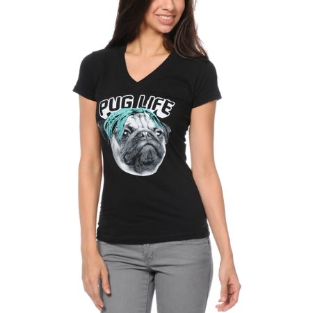 A-Lab Girls Pug Life Black V-Neck Tee Shirt