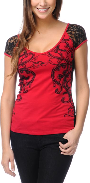 Metal Mulisha Girls Alluring Lace-Back Red V-neck Top