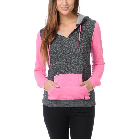Volcom Girls Stacker Black & Neon Pink Pullover Hoodie