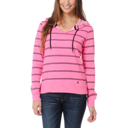 Volcom Girls Stacker Neon Pink Stripe Pullover Hoodie
