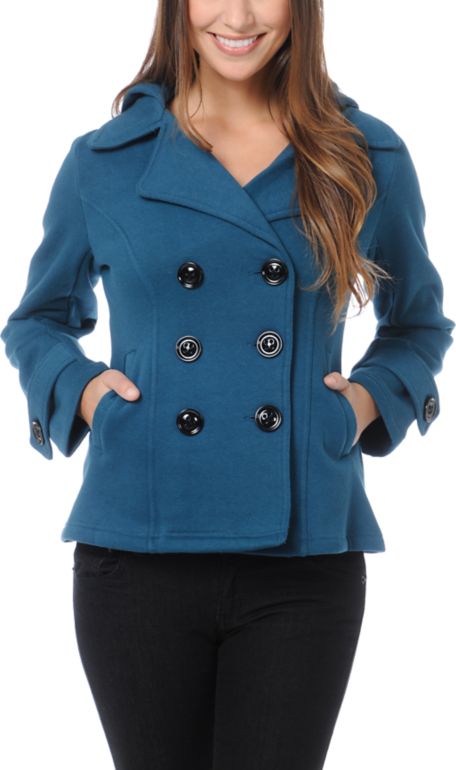 Sebby Teal Fleece Hooded Pea Coat