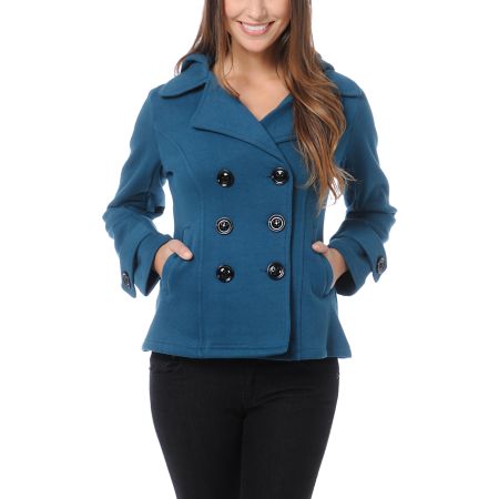 Sebby Teal Fleece Hooded Pea Coat