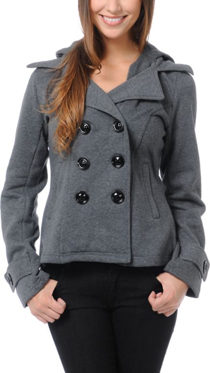 Sebby Charcoal Grey Fleece Hooded Pea Coat