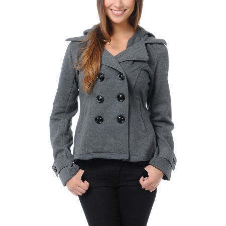 Sebby Charcoal Grey Fleece Hooded Pea Coat