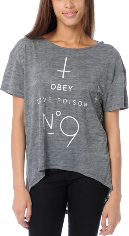 Obey Girls No 9 Ash Heather Grey Low Back Tee Shirt