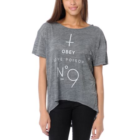 Obey Girls No 9 Ash Heather Grey Low Back Tee Shirt
