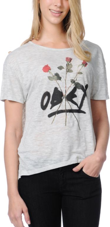 Obey Girls Graffiti Rose Oatmeal Low Back Tee Shirt