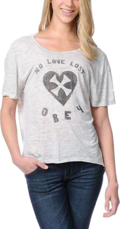 Obey Girls Biker Love Lost Oatmeal Low Back Tee Shirt