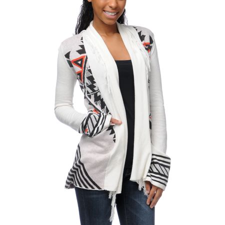 Billabong Girls Issah Tie Native Print White Cardigan Sweater