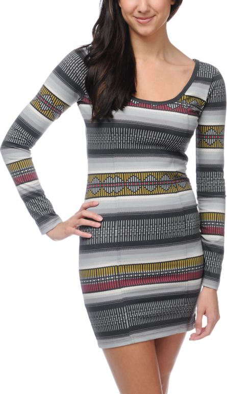 Billabong Hand Outs Long Sleeve Tribal Print Body Con Dress