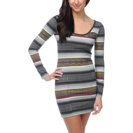 Billabong Hand Outs Long Sleeve Tribal Print Body Con Dress