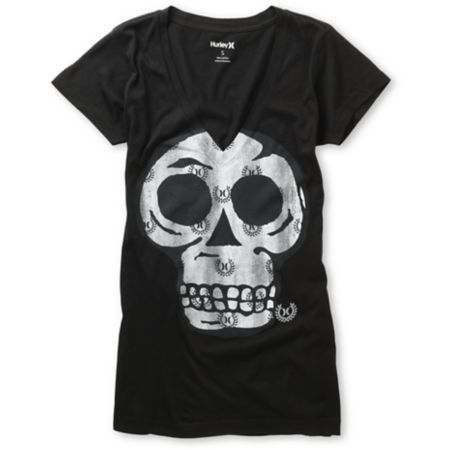 Hurley Girls Spin On Sunshine Black V-Neck Tee Shirt