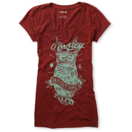 Hurley Girls Owl Cranberry Red V-Neck Tee Shirt