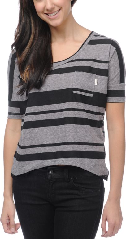 Billabong Girls Triumphant Black & Grey Striped Tee Shirt