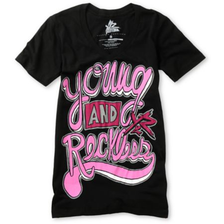 Young & Reckless Cursive Black V-Neck Tee Shirt