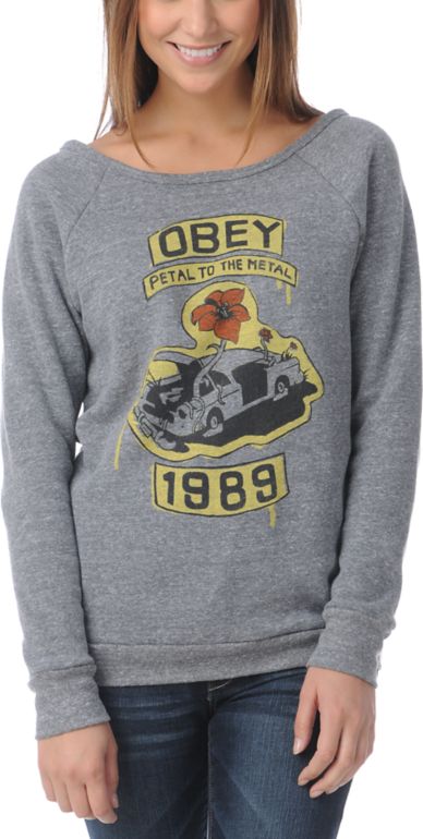 Obey Girls Petal to the Metal Grey Vandal Crew Neck Sweatshirt