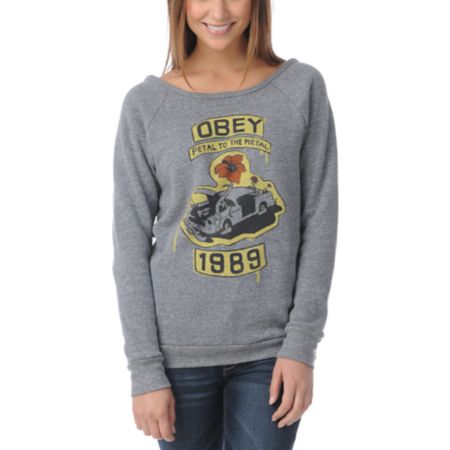 Obey Girls Petal to the Metal Grey Vandal Crew Neck Sweatshirt