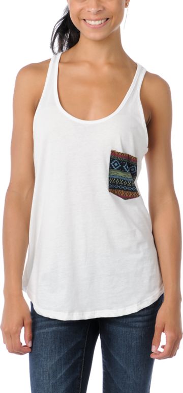 Lira Mayan Pocket Vintage White Racerback Tank Top
