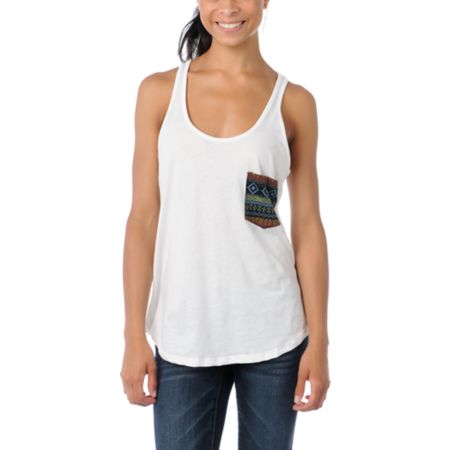 Lira Mayan Pocket Vintage White Racerback Tank Top