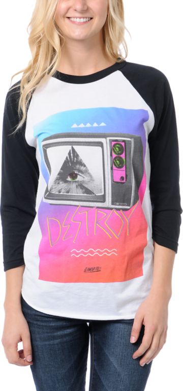 Glamour Kills Destroy Your TV White & Black Baseball Tee Shirt