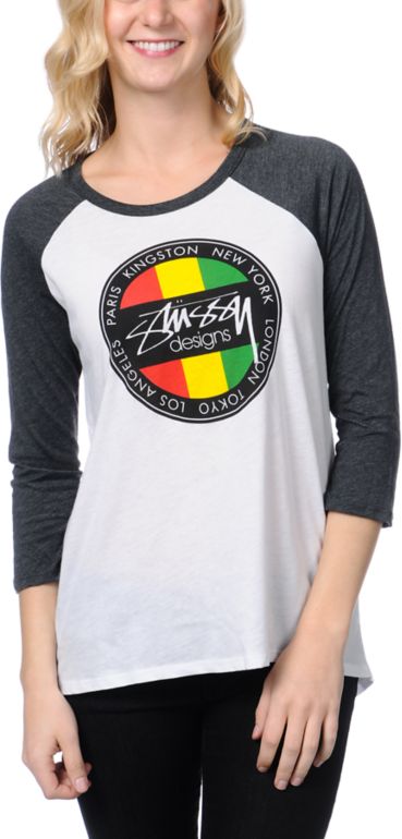 Stussy Kingston Dot Girls White & Charcoal Baseball Tee Shirt
