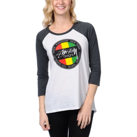 Stussy Kingston Dot Girls White & Charcoal Baseball Tee Shirt