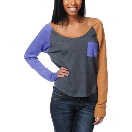 Volcom Girls Pocket Block Charcoal Grey Raglan Top