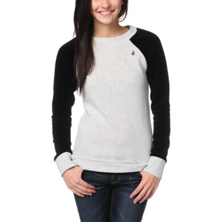 Volcom Girls Notafaze Heather Grey & Black Velour Crew Neck Top
