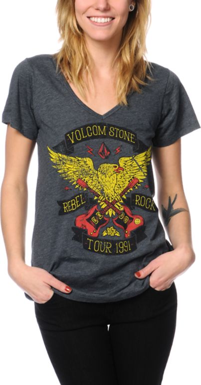 Volcom Girls Rebel Tour Charcoal V-Neck Tee Shirt