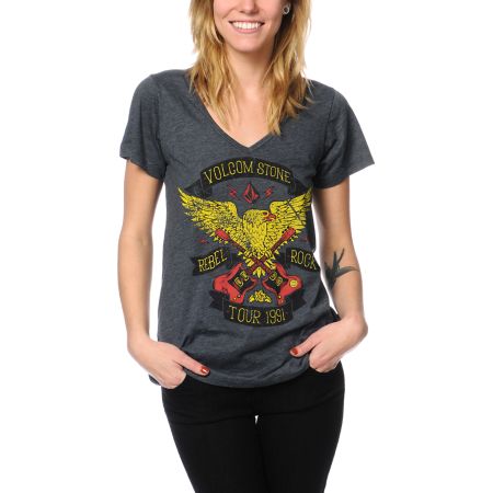 Volcom Girls Rebel Tour Charcoal V-Neck Tee Shirt