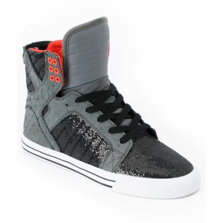 Supra Womens Skytop Grey & Black Sparkle Leather Shoe